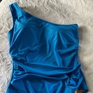 J. Crew Bright Blue Sleek Ruched One Shoulder One Piece Swimsuit Womens Size 16